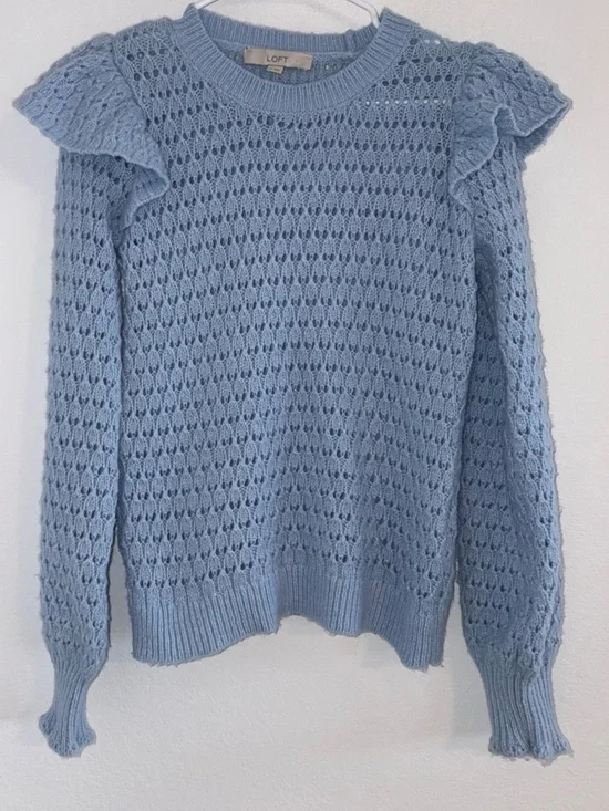 LOFT Pastel Blue Shoulder Ruffle Open Knit Sweater Size - Picture 5 of 9